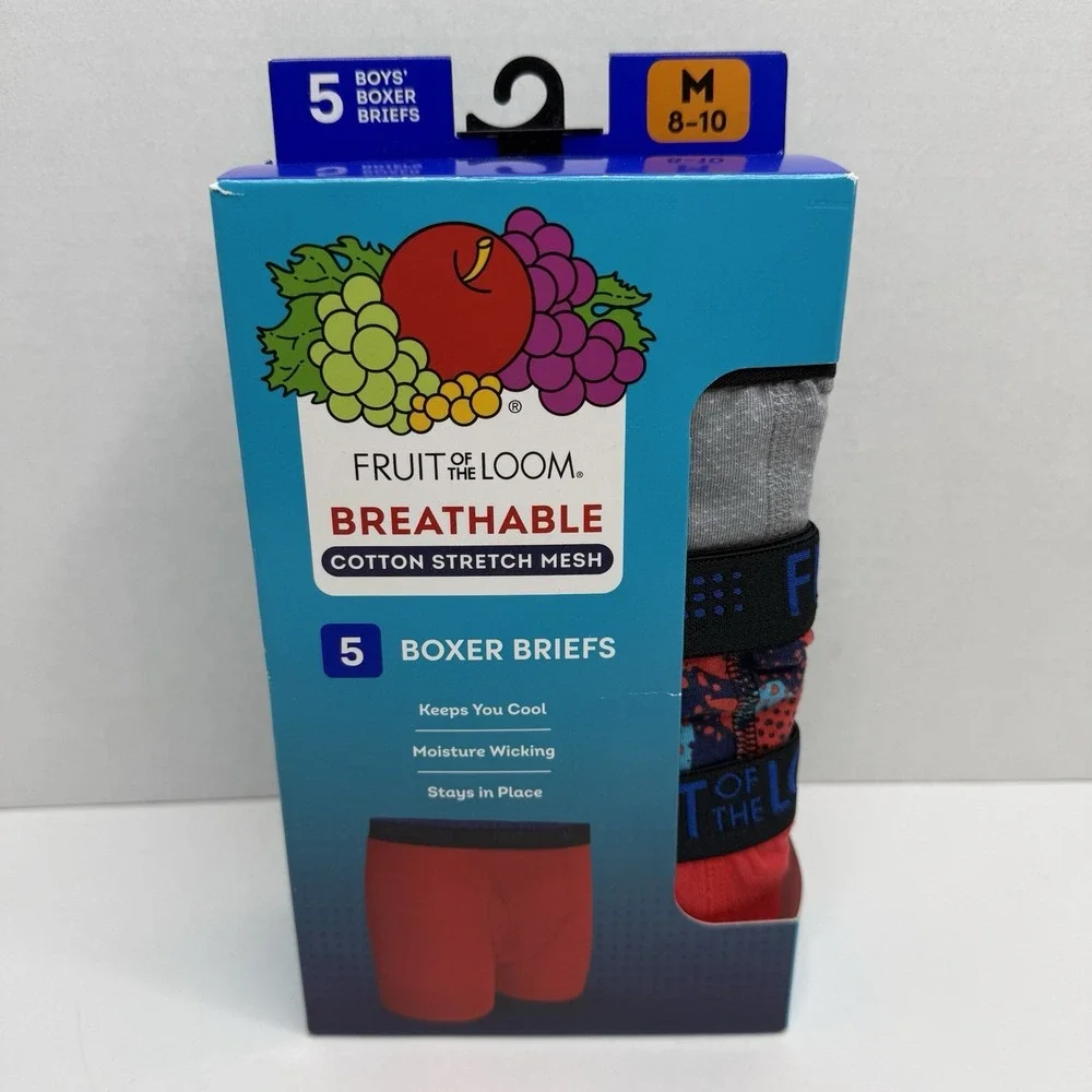 Fruit of the Loom Boys Boxer Briefs 5 Pack Breathable Mesh Size M 8-10 New
